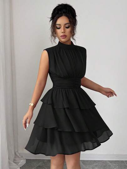 Elenzga 女士休闲通勤度假下午茶派对纯色雪纺褶皱面料小领腰部褶皱分层荷叶边下摆无袖短款意大利连衣裙，春夏