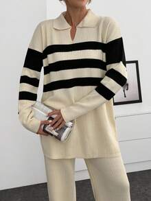 EURMUSE Women Stripe Pattern Polo Neck Drop Shoulder Pullover & Sweater Pants Set Knit Two Piece Set Knit Pants Set Womens Knit Set Two Piece Pants Set Striped Knit Set,Co Ord,Winter Clothes - Cream - View 5