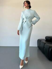 Firerie 女士优雅休闲都市通勤时尚百搭蓝色长袖立领不对称下摆衬衫搭配直筒裙套装，秋季穿搭 - 淺藍色 - 查看 2