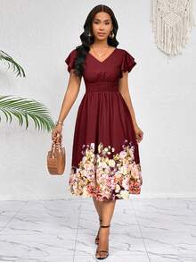 SHEIN Lady 女式 V 领荷叶边袖腰部收紧中长休闲连衣裙，夏季 - 酒紅色 - 查看 3