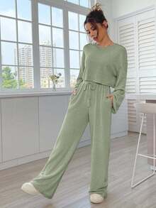 EURMUSE 2pcs Women Ribbed Cropped Top And Drawstring Waist Pants Set, Suitable For Spring And Autumn - Mint Green - View 3