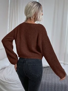 EMERY ROSE Women's Solid Color Round Neck Drop Shoulder Long Sleeve Casual Collegiate Pullover Sweater, Autumn - Rust Brown - View 2