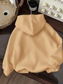 Tween Boy Casual Cartoon Pattern Thick Hooded Long Sleeve Sweatshirt, Suitable For Autumn/Winter Fall - Camel - View 2