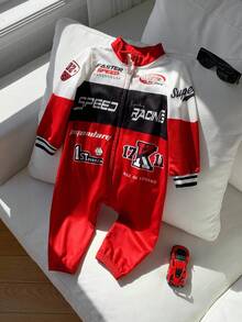 TaviRue 新生男宝宝可爱拼接摩托车字母印花长袖连体衣，秋冬季 - 彩色 - 查看 3