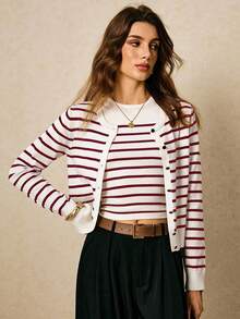 Poéselle 女士条纹印花圆领吊带背心和纽扣前长袖开衫套装秋冬 - 酒紅色 - 查看 2