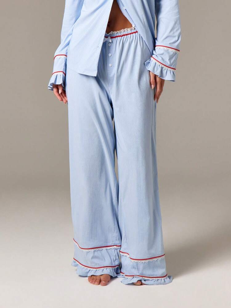 Wide Leg Pinstripe Pajama Pants With Ruffle Hem