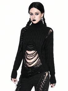 ROMWE Goth 女式哥特式破洞高领毛衣，万圣节 - 黑色 - 查看 4
