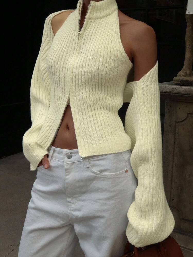 2pcs Women Solid Color Long Sleeve Vest Cardigan And Zip-Up Neck Knit Top Set, Autumn Fall