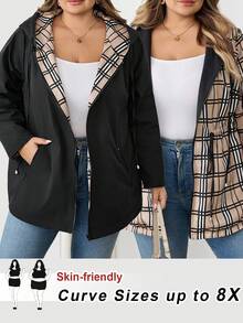 SHEIN CURVE+ 大码女装/秋装/秋季女装/女士冬装/大码女装冬装。几何印花双面宽松长袖连帽外套，适合秋冬季节，秋季女装秋装/秋冬 - 彩色 - 查看 1