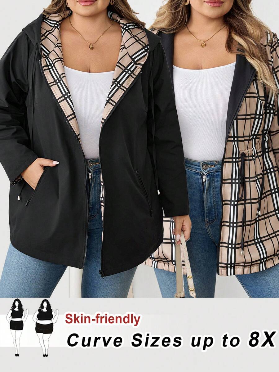 SHEIN CURVE+ 大码女装/秋装/秋季女装/女士冬装/大码女装冬装。几何印花双面宽松长袖连帽外套，适合秋冬季节，秋季女装秋装/秋冬 - 彩色 - 查看 1