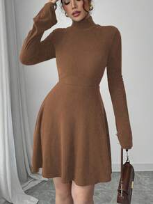 Elenzga Women's Casual Mid-Length Dress, Long Sleeve, 2 In 1, Faux Shirt Collar, Half-Placket, Patchwork Pockets, Cuffs & Hem, Color Block In Apricot & White, Autumn/Winter