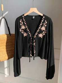 Comfortcana Casual Vacation Style V-Neck Front Tie Floral Embroidery Long Sleeve Cropped Shirt, Spring/Autumn,Black Tops Black Blouses Boho Blouses Lantern Sleeve Blouse, Christmas