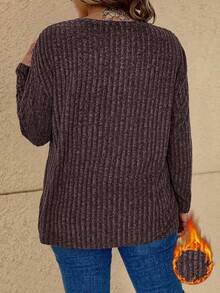 Vionelle Plus Size Casual Ribbed Knit Pullover T-Shirt, Autumn/Winter Formal Maroon - Coffee Brown - View 3