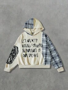 ROMWE MEN Prep Men's Letter & Plaid Patchwork Print Pullover Hoodie - Apricot - View 1