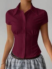 Aloruh 女士优雅通勤休闲纯白色短袖褶腰衬衫，百搭春夏季 - 紫紅色 - 查看 7