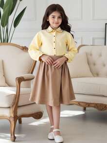 Tween Girls Colorblock Trim Long Sleeve Button-Down Collared Shirt - Yellow - View 7