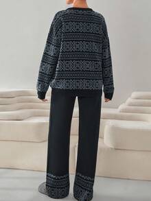 EURMUSE Monochrome Nordic-Inspired Knit Co-Ord Set – Black Sweater & Wide-Leg Pants With Jacquard Patterns Navy Geometric Pattern Knit Sweater And Pants Set For Cozy Winter Lounge And Casual Outfits - Black - View 3