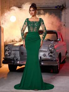 Glamrae Elegant Luxurious Beaded&Rhinestone Embellished Elastic Ruched Mermaid Skirt,Suitable For Weddings,Parties,Vacations,Galas,Formal Occasions - Dark Green - View 1