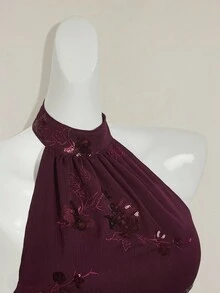 SHEIN ICON Women's Halter Neck Sleeveless Bodycon Asymmetrical Hem Beaded Embroidered Sexy Y2K Crop Top, Autumn/Winter Halter Top Dress Top Scarf Top Halter Tops For Women Sparkling Sequin Top - Red - View 9