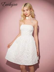 Teen Girl Casual Elegant Vacation Dress, White Bustier Jacquard Bow Bust Fitted Camisole Mini Skirt, Suitable For Halloween, Autumn/Winter - White - View 3