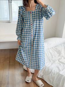 DAZY 可爱格子荷叶边方领长款女式睡袍，秋季睡衣 - 藍色 - 查看 3