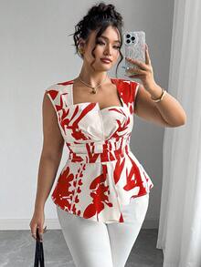 Elenzga Plus Size Women's Woven Digital Placement Print Square Neck Sleeveless Cinched Waist Asymmetric Hem Casual Vacation Romantic Elegant Blouse - Red - View 1