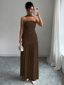 Elenzga Fashionable New Solid Color Glossy Fabric Strapless Long Flowy Ruched Waist Slit Hem Dress, Suitable For Weddings, Graduation Parties, Dates, Vacations