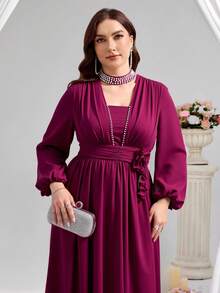 Coutiva Plus Size Women's Rhinestone Decor Long Sleeve High-End Evening Gown, Elegant Luxury Party Dress Sequin Dress  Lace Dress Red Dress Burgundy Dress Luxury Evening Dresses For Women - Burgundy - View 4