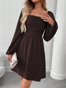 EMERY ROSE Vestido mini de mujer de unicolor con cuello cuadrado, mangas farol y drapeado de moda - Marrón Chocolate - Ver 6