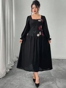 Modelyn Elegant Mesh Embroidered Patchwork Solid Color Square Neck Long Sleeve Fitted Midi Dress, Plus Size, Spring/Autumn Fall Cloth For Women - Black - View 5