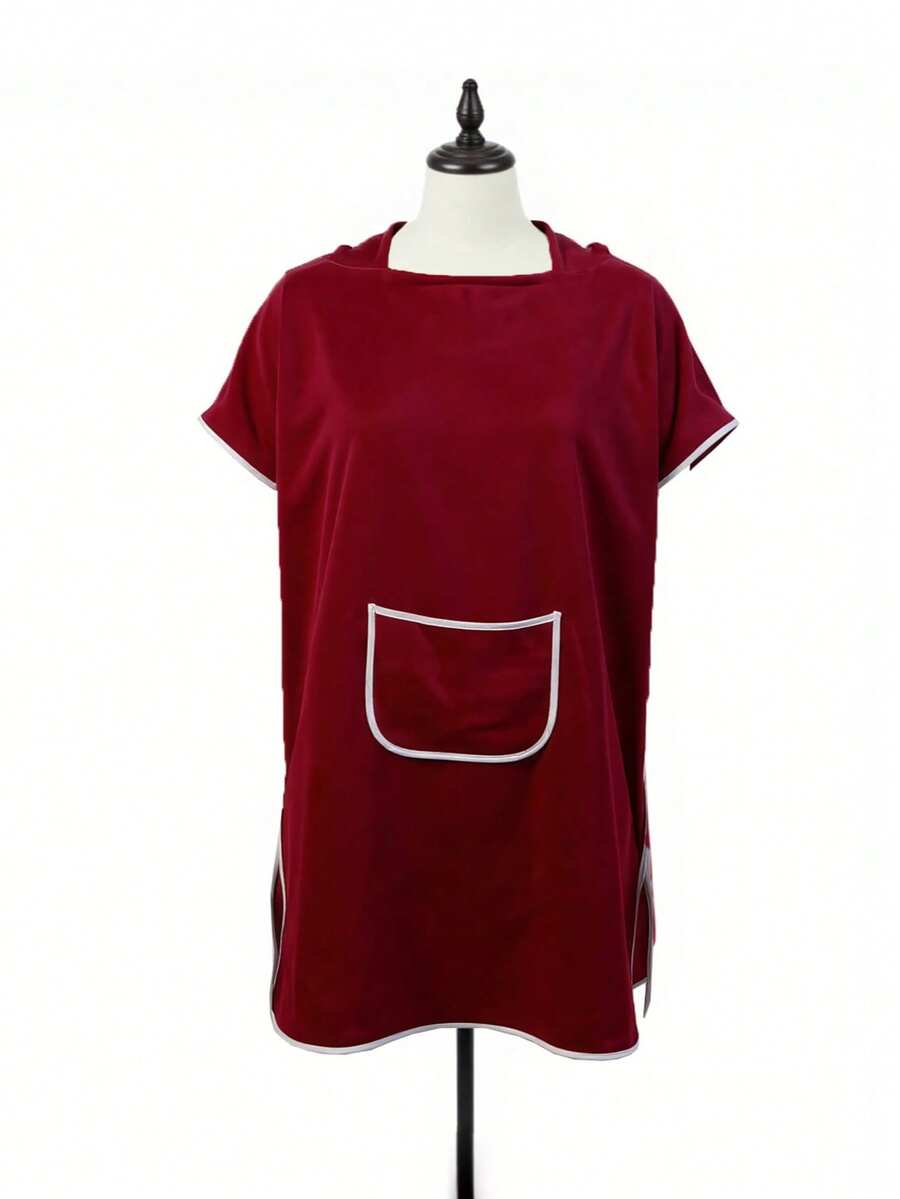 SHEIN 1 buah Set Jubah Mandi Tanpa Lengan dengan Trim Blok Warna untuk Wanita - Merah tua - View 1