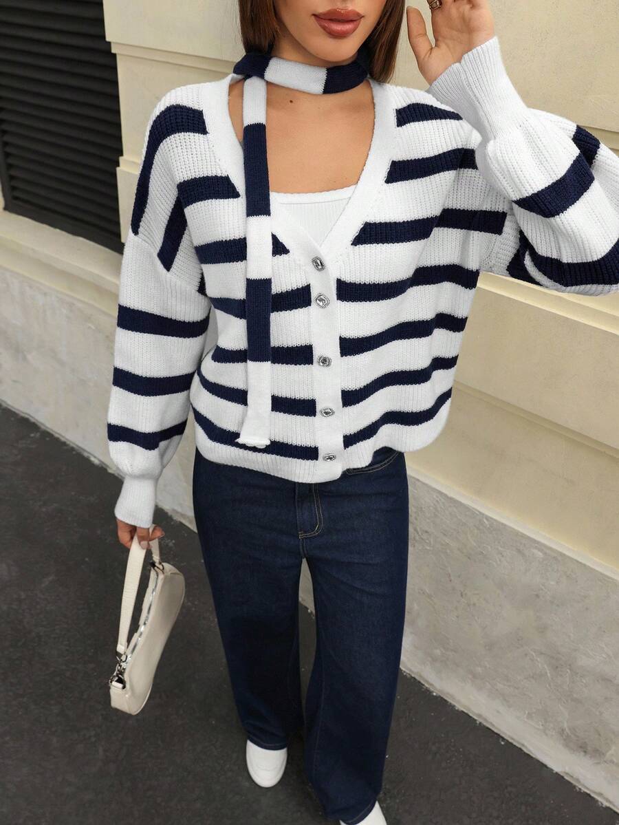 Flirla Damen Lässiger Pendler V-Ausschnitt Locker Kontrast Gestreiftes Muster Knopf-Cardigan, Herbst/Winter - Blau-Weiß - Übersicht 1
