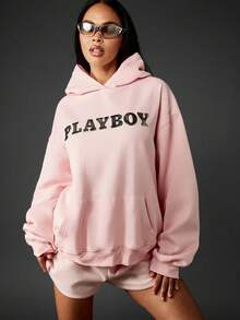 Missguided x Playboy Oversized Graphic Hooded Sweatshirt With Metallic Logo Print For Winter Loungewear - Pink - View 5