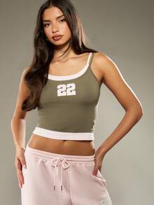 MISSGUIDED Áo Cami hai lớp dáng ngắn, in số, không tay, kiểu dáng thể thao, thiết kế retro, thời trang mùa hè, kiểu áo layering cơ bản. - xanh quân đội - Xem 5