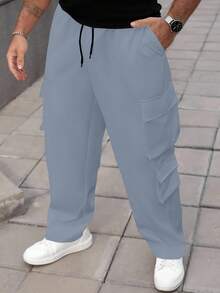 Manfinity Homme 秋季大码男士抽绳腰带口袋宽松休闲裤 - 藍色 - 查看 6