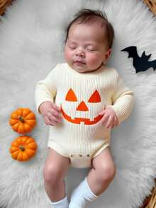 SHEIN Baby Boys/Girls Knitted Long Sleeve Bodysuit, Comfortable For Autumn/Winter, Beige Color, Versatile For Daily Wear, Embroidered Halloween Pumpkin Design, Stylish & Cute, Suitable For Holidays, Home, Outings, Travel - Apricot - View 1
