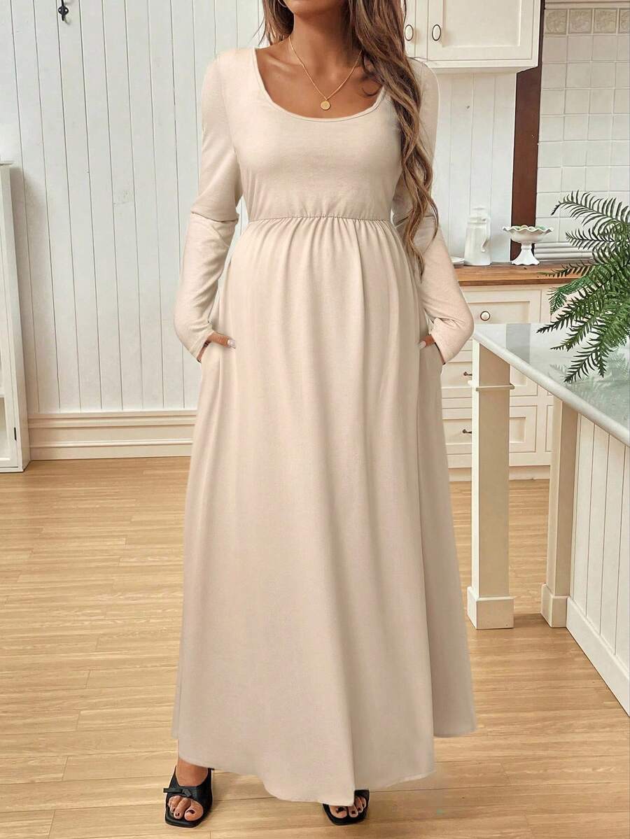 SHEIN Vestido de maternidad de unicolor con drapeado para otoño - Albaricoque - Ver 1