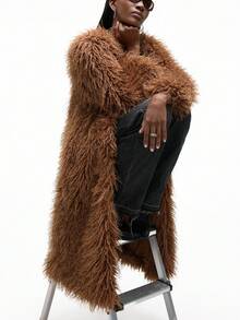 Aveloria Affinna معطف نسائي بياقة مستديرة وأكمام طويلة وأمام مفتوح من الفرو الاصطناعي، للخريف والشتاء