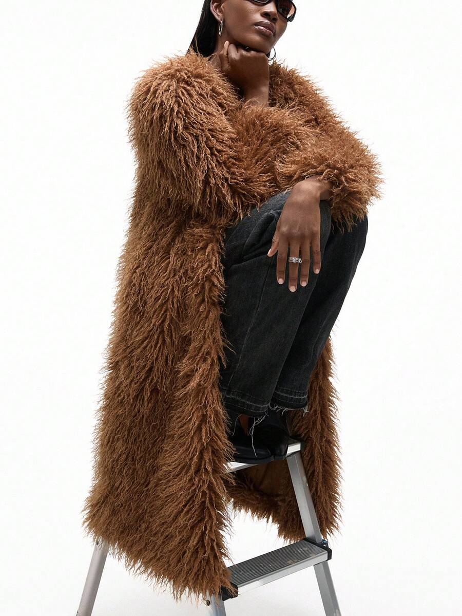 Aveloria Affinna معطف نسائي بياقة مستديرة وأكمام طويلة وأمام مفتوح من الفرو الاصطناعي، للخريف والشتاء