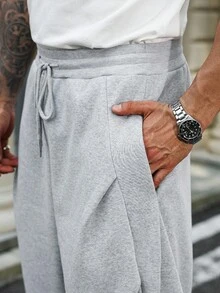 Manfinity Homme Quần nỉ ống rộng dáng rộng màu trơn có dây rút ở eo dành cho nam cỡ lớn - Xám - Xem 6