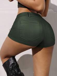 Jeanoix Women's Solid Color Waist Button Design Fitted Shorts - Army Green - View 2
