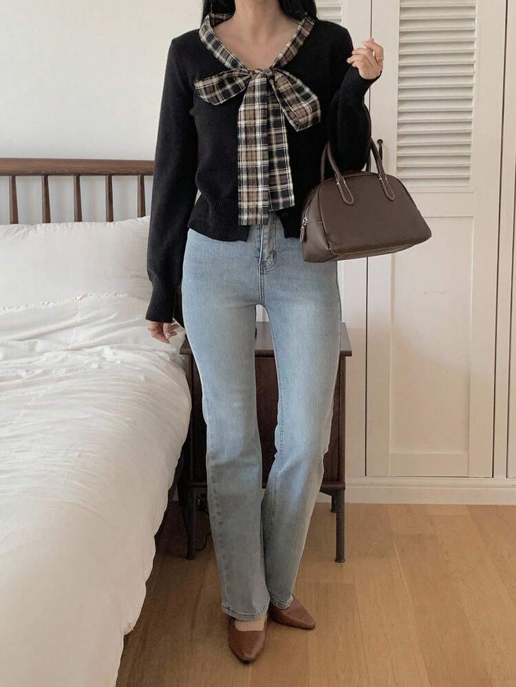 Plaid Patchwork Ribbon Collar Slim Fit Long Sleeve Casual Knit Cardigan For Women, Autumn/Winter