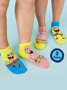 SpongeBob SquarePants | SHEIN 2 Pairs Soft & Breathable Moisture-Wicking Casual Men Ankle Socks With & Fashionable And Cute Pink & Blue Short Socks Reinforced Toe & Heel For Durabiliy Unisex For Women All Season All-Match Summer Winter - Multicolor - View 10