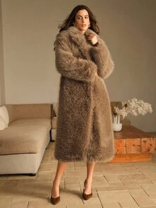 Anewsta 休闲宽松咖啡棕色蓬松人造毛皮夹克，冬季外套 - 咖啡棕 - 查看 10