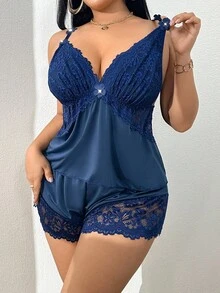 SHEIN Plus Size Lace Patchwork Elastic Knit Sexy Backless Camisole & Shorts Pajama Set Navy Lingerie Set Lace Lingerie Set Plus Size Lingerie Set Satin Lingerie Set