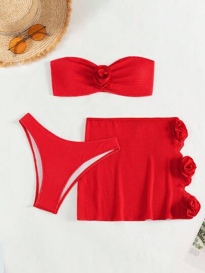 SHEIN Swim Conjunto de traje de baño de 3 piezas con decoración floral 2025 para vacaciones en la playa