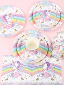 Set 8 veselă decorativă de unică folosință cu tematică de unicorn, 8 farfurii de hârtie de unică folosință de 7 inch și 9 inch, 8 pahare de hârtie, 16 șervețele, tacâmuri de hârtie potrivite pentru petreceri în familie, veselă în stil unicorn curcubeu, provizii de ziua de naștere.