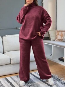 EURMUSE Plus Size Women Casual Solid Color High Neck Dropped Shoulder Loose Pullover Sweater And Sweater Pants Set, Autumn/Winter Two Piece Set Women Comfy - Burgundy - View 1