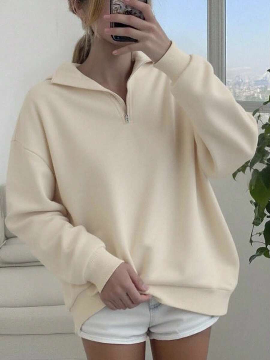 SHEIN 少女休闲基础款半拉链高领浅灰色卫衣，秋冬季女童卫衣 - 卡其色 - 查看 1