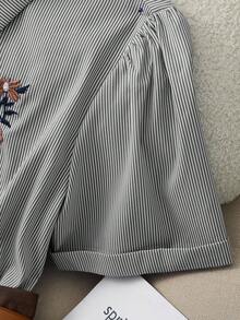 Franclia Fashion Casual Daily Versatile Commuting Blue Striped Shirt Collar Embroidery Short Sleeves Belt Decoration Khaki Wide-Leg Pants Shorts Women's Spring And Summer Two Pieces Suits Ladies Teacher Clothing Ladies Two Pieces Suit